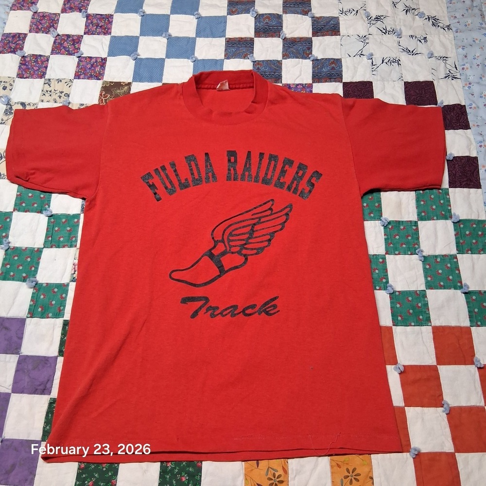 Vintage Sportswear Single Stitch Red T Shirt Fulda‎ Raiders Track Medium
